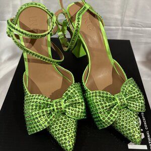 STEFIAF INC Lime Bling Rhinestone Pointed Toe Flare Buckle Heels W 6